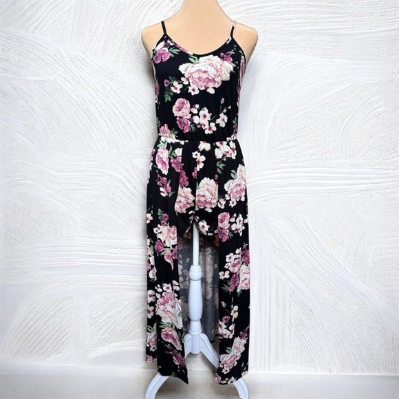 CAUTION TO THE WIND Black Pink Floral High Low Skirt Overlay Shorts Romper Sz S - Picture 1 of 13